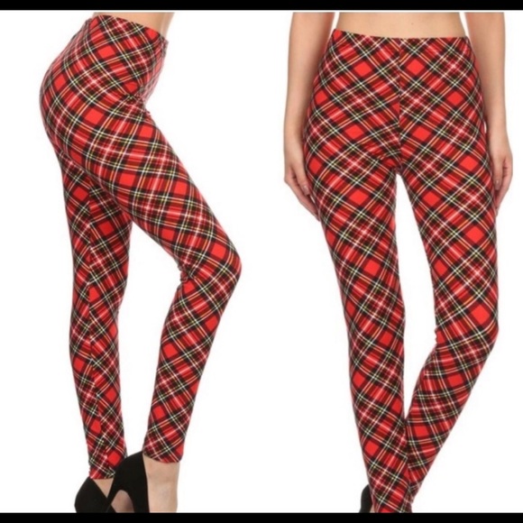 New! Red Plaid buttery soft Leggings high waist - Picture 2 of 4